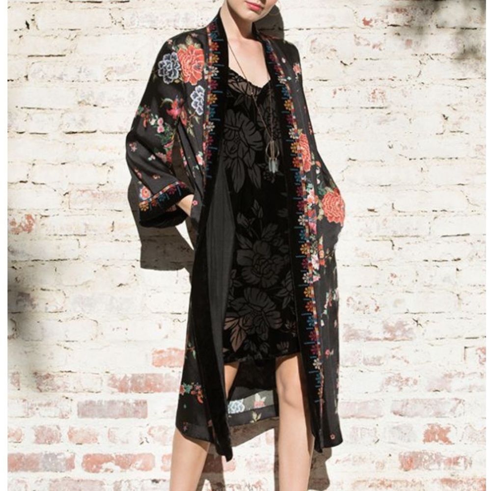 Johnny Was Embroidered Velvet Mix Floral Kimono